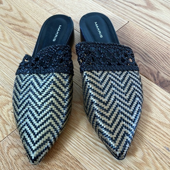 Makris Black and Tan Woven Slip-On Shoes Mules Handmade in Greece - Picture 2 of 4